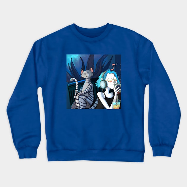 Blue Haired Girl Enjoys Music and Drink with Suspicious Cat Crewneck Sweatshirt by Star Scrunch